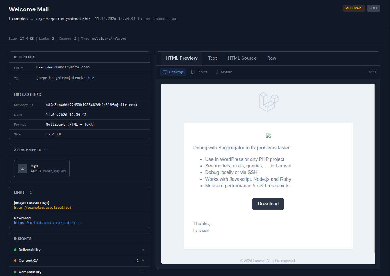 Screenshot: Buggregator email preview with HTML rendering, attachments, and raw source