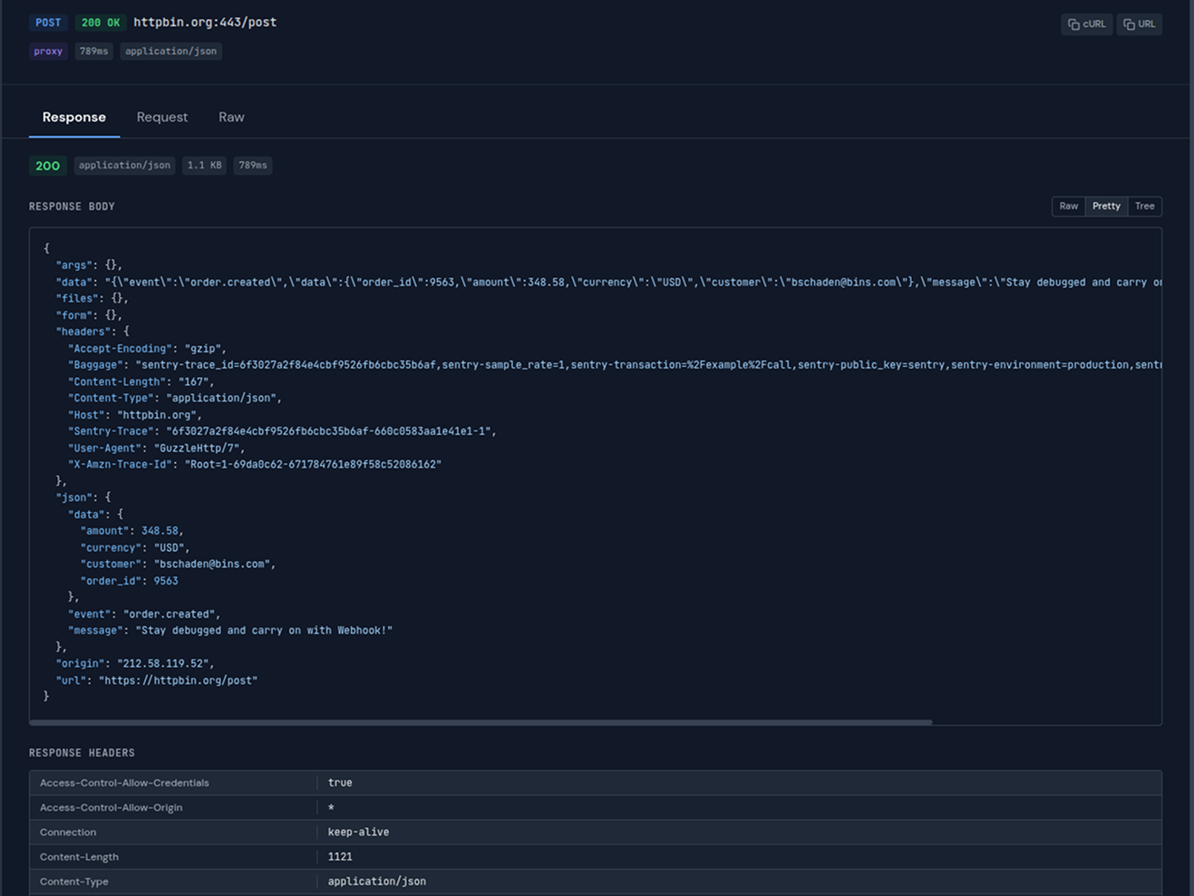 Screenshot: Buggregator HTTP proxy showing request and response with headers and body