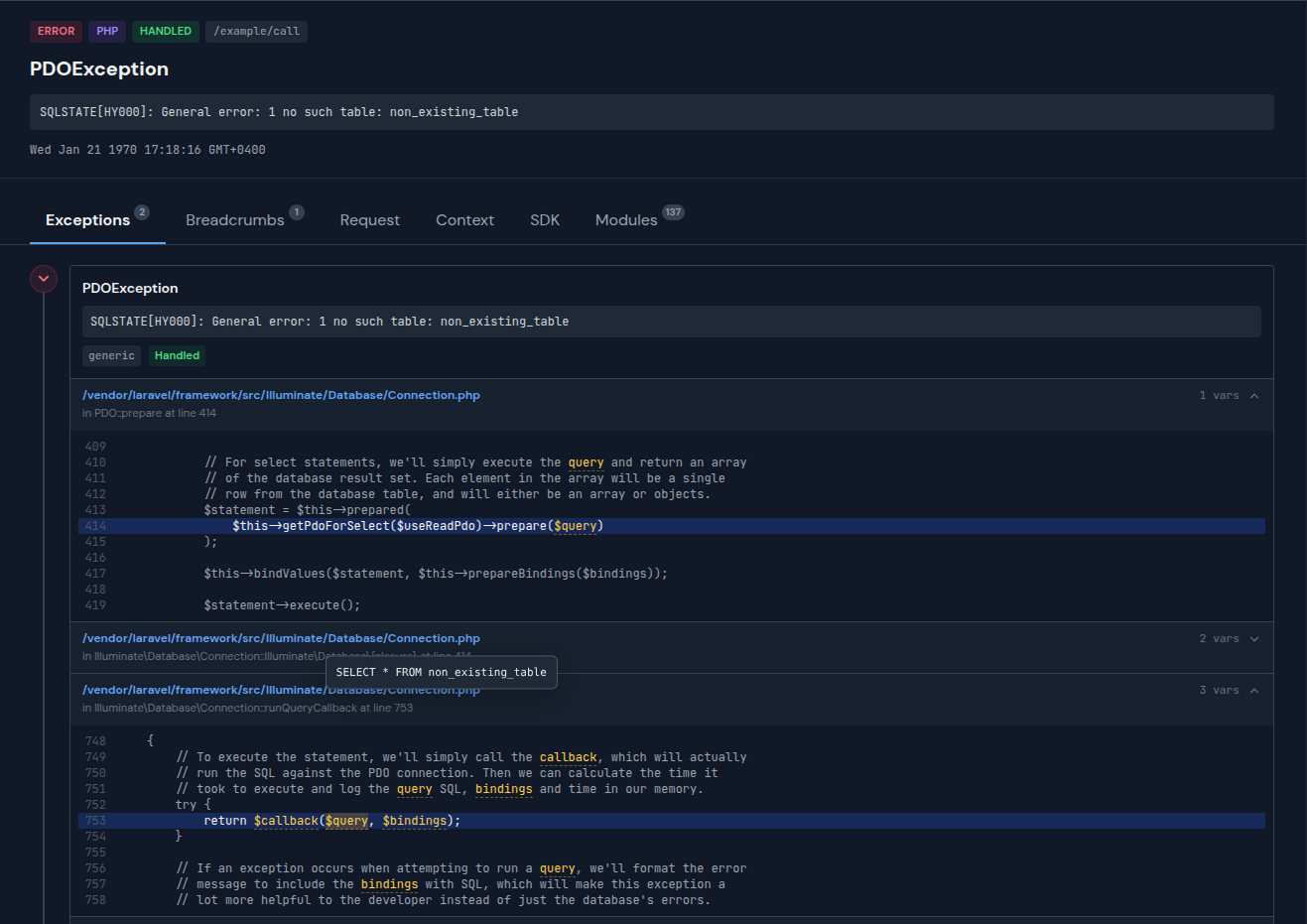 Screenshot: Buggregator exception view with stack trace, breadcrumbs, and context