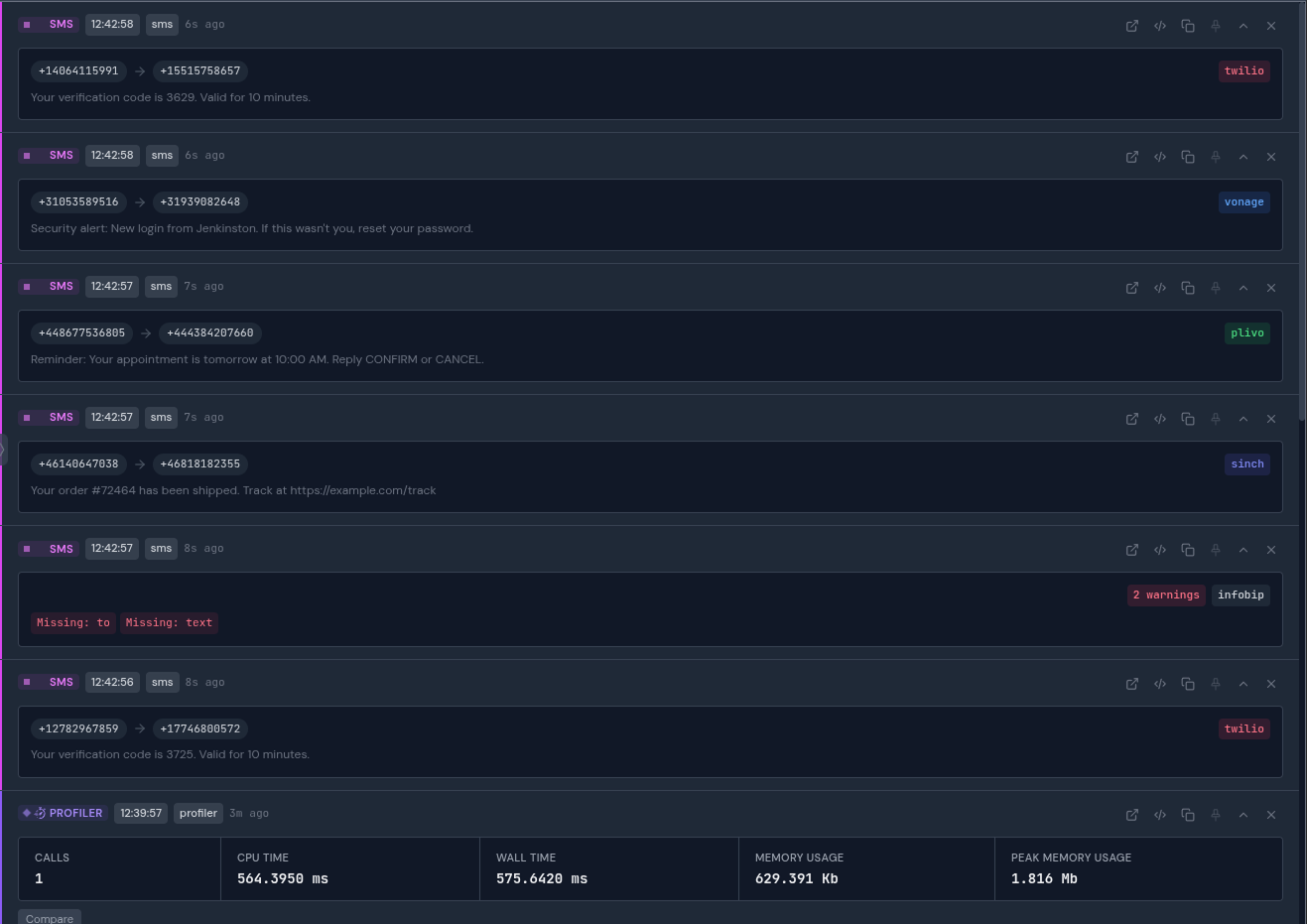 Screenshot: Buggregator SMS view showing captured messages with sender, recipient, and body